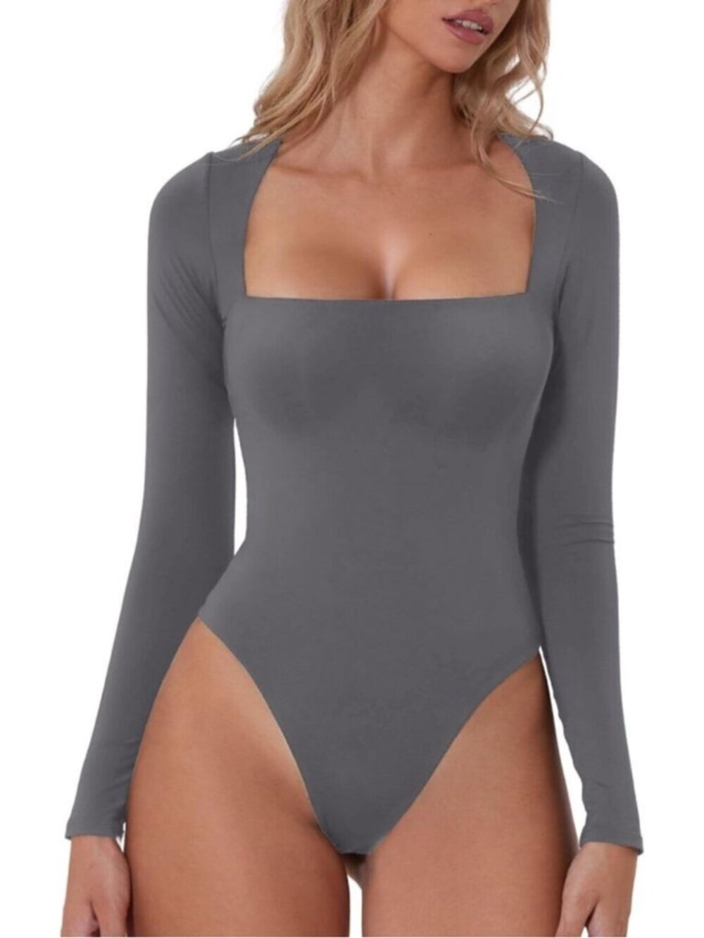 🆕Women’s Grey Mauve Square Neck Long Sleeve Bodysuit Double Lined Sexy Top